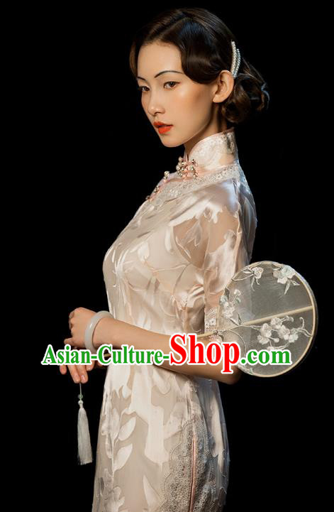 China Traditional Minguo Stand Collar Qipao Dress Classical Old Shanghai Light Pink Cheongsam China Traditional Minguo Stand Collar Qipao Dress Classical Old Shanghai Light Pink Cheongsam