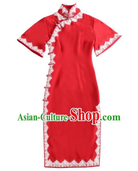 China Traditional Minguo Young Woman Red Qipao Dress Classical Wedding Bride Stand Collar Cheongsam China Traditional Minguo Young Woman Red Qipao Dress Classical Wedding Bride Stand Collar Cheongsam