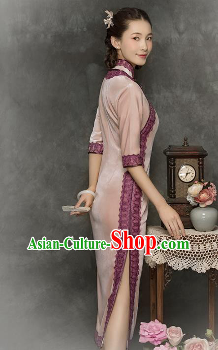 China Classical Pink Velvet Cheongsam Traditional Minguo Young Lady Qipao Dress China Classical Pink Velvet Cheongsam Traditional Minguo Young Lady Qipao Dress