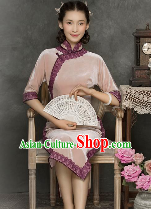 China Classical Pink Velvet Cheongsam Traditional Minguo Young Lady Qipao Dress China Classical Pink Velvet Cheongsam Traditional Minguo Young Lady Qipao Dress