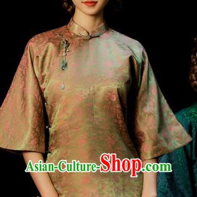 Chinese National Woman Clothing Tang Suit Light Green Brocade Jacket Outer Garment