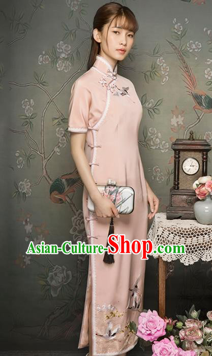 China Classical Embroidered Cranes Cheongsam Traditional Minguo Young Lady Light Pink Qipao Dress China Classical Embroidered Cranes Cheongsam Traditional Minguo Young Lady Light Pink Qipao Dress