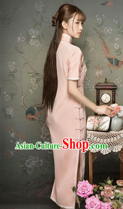 China Classical Embroidered Cranes Cheongsam Traditional Minguo Young Lady Light Pink Qipao Dress China Classical Embroidered Cranes Cheongsam Traditional Minguo Young Lady Light Pink Qipao Dress