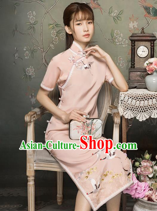 China Classical Embroidered Cranes Cheongsam Traditional Minguo Young Lady Light Pink Qipao Dress China Classical Embroidered Cranes Cheongsam Traditional Minguo Young Lady Light Pink Qipao Dress