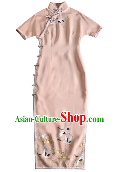 China Classical Embroidered Cranes Cheongsam Traditional Minguo Young Lady Light Pink Qipao Dress China Classical Embroidered Cranes Cheongsam Traditional Minguo Young Lady Light Pink Qipao Dress