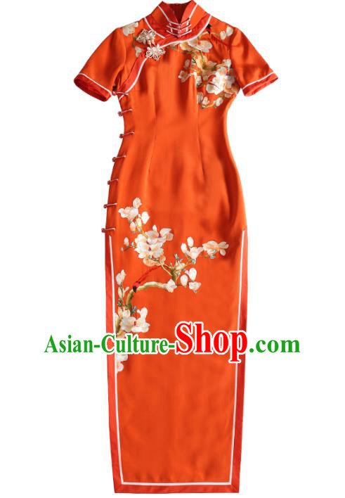 China Classical Cheongsam Traditional Minguo Young Lady Embroidered Mangnolia Red Silk Qipao Dress China Classical Cheongsam Traditional Minguo Young Lady Embroidered Mangnolia Red Silk Qipao Dress