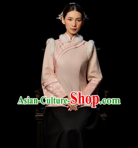 Chinese National Woman Outer Garment Clothing Tang Suit Pink Woolen Jacket Chinese National Woman Outer Garment Clothing Tang Suit Pink Woolen Jacket