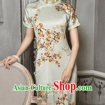 China Classical Printing Plum Blossom Silk Cheongsam Traditional Lace Light Green Qipao Dress