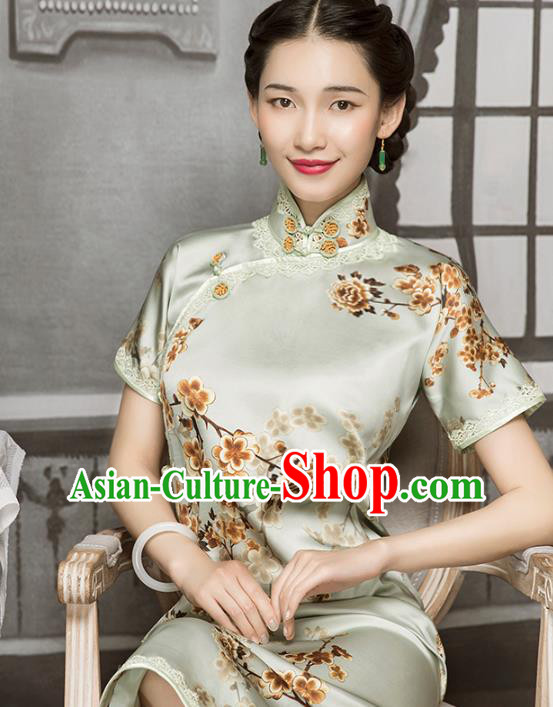 China Classical Printing Plum Blossom Silk Cheongsam Traditional Lace Light Green Qipao Dress China Classical Printing Plum Blossom Silk Cheongsam Traditional Lace Light Green Qipao Dress
