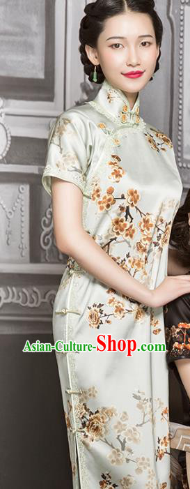 China Classical Printing Plum Blossom Silk Cheongsam Traditional Lace Light Green Qipao Dress China Classical Printing Plum Blossom Silk Cheongsam Traditional Lace Light Green Qipao Dress