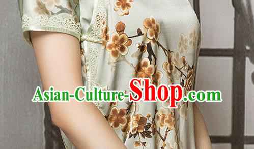 China Classical Printing Plum Blossom Silk Cheongsam Traditional Lace Light Green Qipao Dress China Classical Printing Plum Blossom Silk Cheongsam Traditional Lace Light Green Qipao Dress