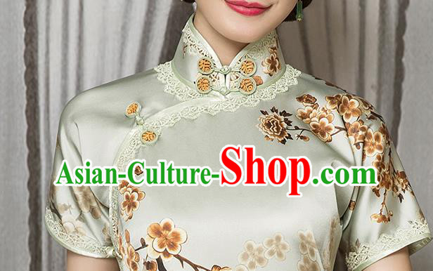 China Classical Printing Plum Blossom Silk Cheongsam Traditional Lace Light Green Qipao Dress China Classical Printing Plum Blossom Silk Cheongsam Traditional Lace Light Green Qipao Dress