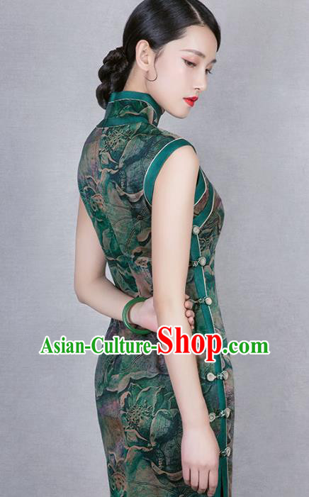 China Classical Green Gambiered Guangdong Gauze Cheongsam Traditional Lotus Pattern Silk Qipao Dress China Classical Green Gambiered Guangdong Gauze Cheongsam Traditional Lotus Pattern Silk Qipao Dress