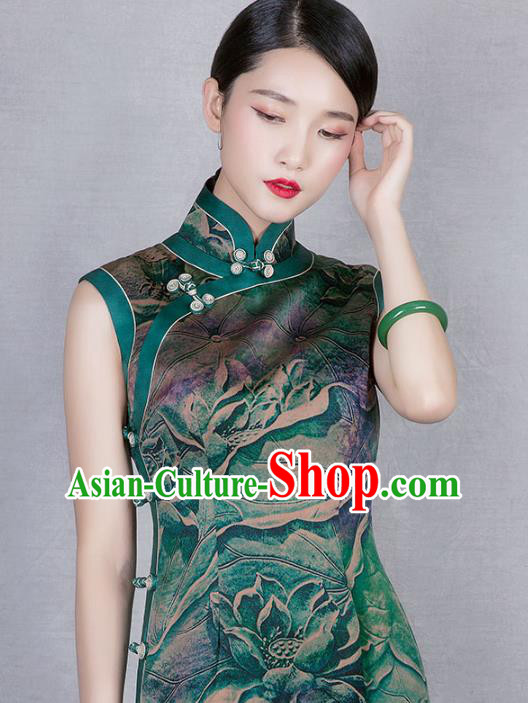 China Classical Green Gambiered Guangdong Gauze Cheongsam Traditional Lotus Pattern Silk Qipao Dress China Classical Green Gambiered Guangdong Gauze Cheongsam Traditional Lotus Pattern Silk Qipao Dress