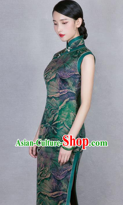China Classical Green Gambiered Guangdong Gauze Cheongsam Traditional Lotus Pattern Silk Qipao Dress China Classical Green Gambiered Guangdong Gauze Cheongsam Traditional Lotus Pattern Silk Qipao Dress