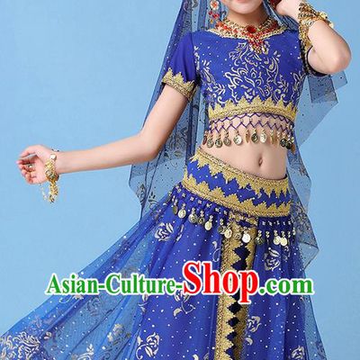 Indian Children Dance Clothing Girls Belly Dance Royalblue Uniforms Bollywood Performance Top and Skirt
