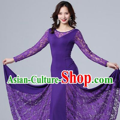 Top Ballroom Waltz Dance Purple Lace Dress Stage Performance Fashion Modern Dance Clothing