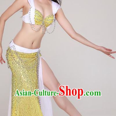Asian Oriental Dance Performance Costume Professional Indian Belly Dance Bra and Yellow Sequins Skirt