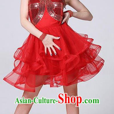 Top Latin Dance Red Bubble Dress Stage Performance Sexy Fashion Clothing Modern Show Dancewear