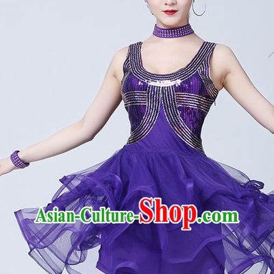 Top Latin Dance Purple Bubble Dress Stage Performance Dancewear Modern Dance Sexy Fashion Clothing