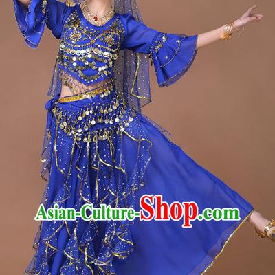 Indian Sexy Dance Clothing Belly Dance Training Royalblue Uniforms Bollywood Dance Sequins Blouse and Skirt
