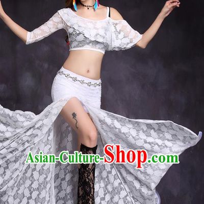 Professional Asian Oriental Dance Uniforms Belly Dance Stage Performance Costume Indian Raks Sharki White Lace Top and Skirt