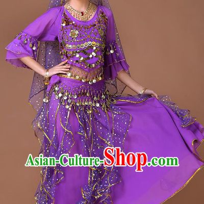 Indian Belly Dance Purple Uniforms Bollywood Sexy Dance Clothing Princess Dance Sequins Blouse and Skirt