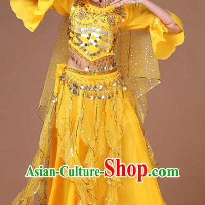 Indian Princess Dance Sequins Blouse and Skirt Belly Dance Yellow Uniforms Bollywood Sexy Dance Clothing