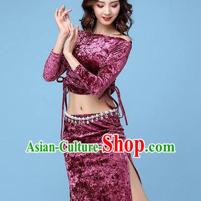 Professional Indian Belly Dance Blouse and Skirt Asian Oriental Dance Purple Velvet Apparels Stage Performance Costume