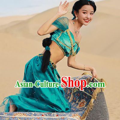 Asian Belly Dance Uniforms Bollywood Jasmine Princess Clothing Indian Dance Performance Green Top and Pants