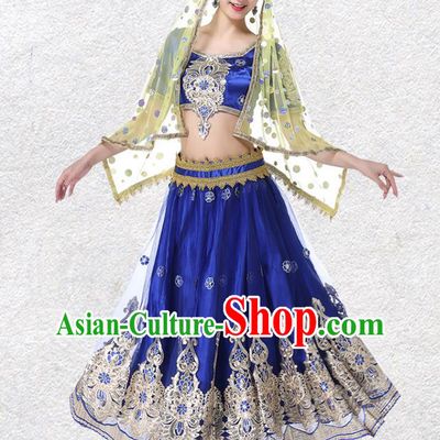 Asian Belly Dance Performance Costume Embroidered Royalblue Blouse and Skirt Indian Bollywood Dance Dress Clothing