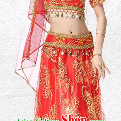 Asian Bollywood Performance Costume Embroidered Red Blouse and Skirt Indian Dance Dress Clothing