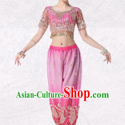 Asian Belly Dance Costume Indian Stage Performance Pink Blouse and Pink Pants Traditional Dance Dress
