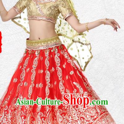 Indian Belly Dance Costume Golden Top and Red Skirt Asian Traditional Bollywood Performance Dress