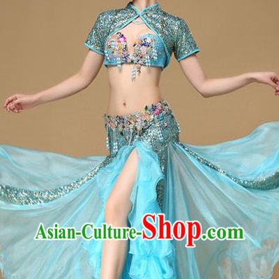 Asian Belly Dance Blue Dress Stage Performance Blue Top and Skirt Indian Oriental Dance Clothing