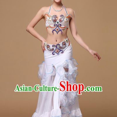 Indian Belly Dance White Uniforms Asian Oriental Dance Clothing Traditional Stage Performance Bra and Fishtail Skirt