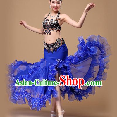 Asian Oriental Dance Clothing Indian Traditional Stage Performance Black Bra and Royalblue Fishtail Skirt Belly Dance Uniforms