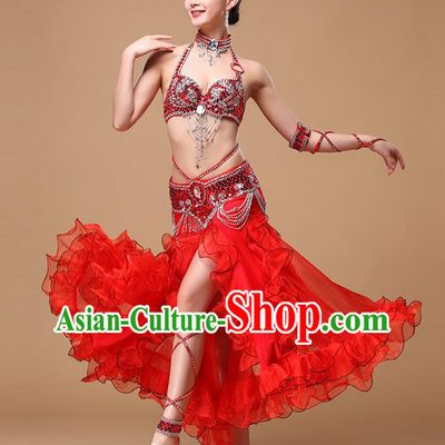 Indian Performance Beads Tassel Bra and Skirt Traditional Belly Dance Red Uniforms Asian Oriental Dance Costumes