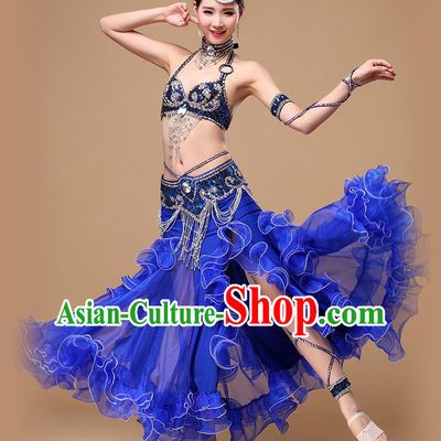Asian Oriental Dance Costumes Indian Performance Beads Tassel Bra and Skirt Traditional Belly Dance Royalblue Uniforms