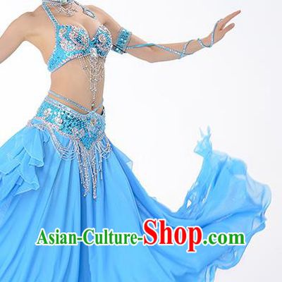 Traditional Indian Belly Dance Performance Blue Uniforms Asian Oriental Dance Dress Costume