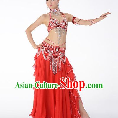 Traditional Indian Belly Dance Performance Red Bra and Skirt Uniforms Asian Oriental Dance Dress Costume