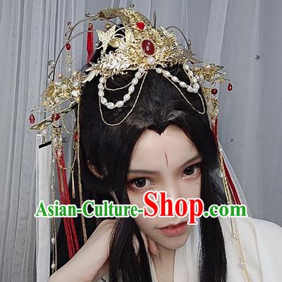 Chinese Ancient Swordswoman Wedding Hair Accessories Traditional Jin Dynasty Princess Golden Phoenix Coronet Headdress