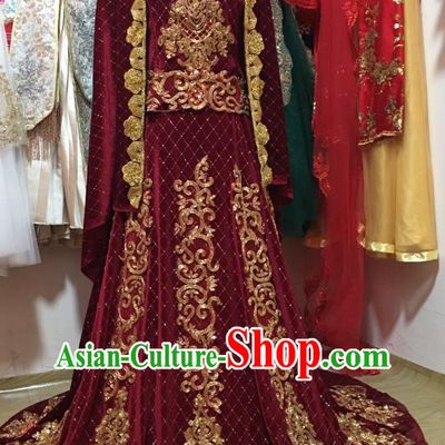 Asian India Bride Lehenga Dress Garment Indian Traditional Wedding Wine Red Velvet Clothing