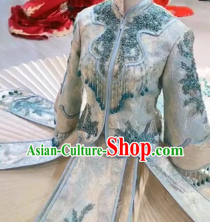 Chinese Hui Ethnic Bride Dress Clothing Traditional Wedding Garment Costumes Classical Blue Xiuhe Suits Chinese Hui Ethnic Bride Dress Clothing Traditional Wedding Garment Costumes Classical Blue Xiuhe Suits