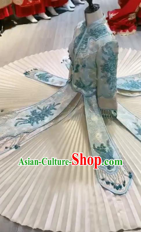 Chinese Hui Ethnic Bride Dress Clothing Traditional Wedding Garment Costumes Classical Blue Xiuhe Suits Chinese Hui Ethnic Bride Dress Clothing Traditional Wedding Garment Costumes Classical Blue Xiuhe Suits