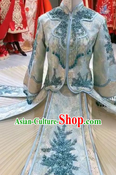Chinese Hui Ethnic Bride Dress Clothing Traditional Wedding Garment Costumes Classical Blue Xiuhe Suits Chinese Hui Ethnic Bride Dress Clothing Traditional Wedding Garment Costumes Classical Blue Xiuhe Suits