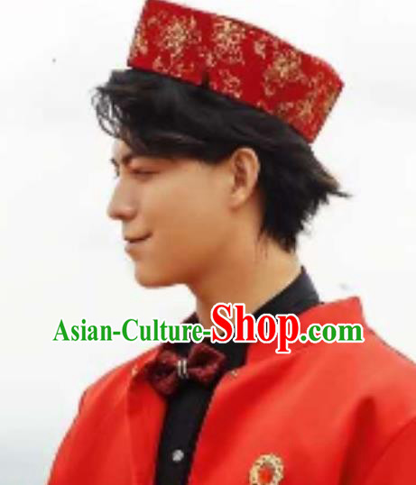 Chinese Traditional Hui Nationality Dance Headdress Ethnic Wedding Bridegroom Red Boat Hat Chinese Traditional Hui Nationality Dance Headdress Ethnic Wedding Bridegroom Red Boat Hat