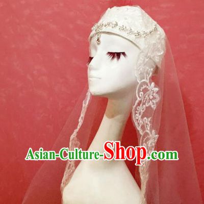 Chinese Traditional Hui Nationality Wedding Headdress Ethnic Bride Embroidered White Veil Hat