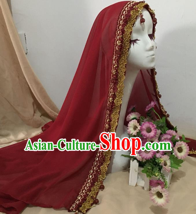 Chinese Ethnic Bride Wine Red Veil Traditional Hui Nationality Wedding Headdress Chinese Ethnic Bride Wine Red Veil Traditional Hui Nationality Wedding Headdress