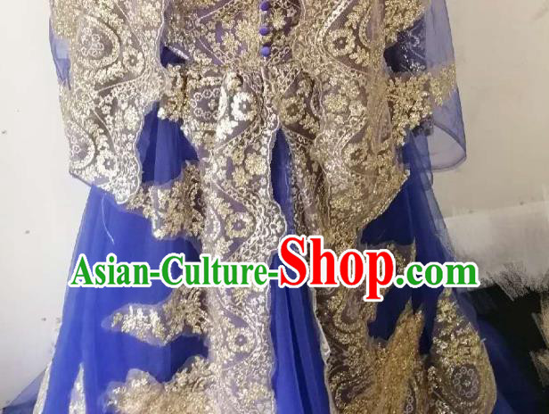 Chinese Traditional Wedding Garment Costumes Classical Embroidered Royalblue Dress Hui Ethnic Bride Clothing Chinese Traditional Wedding Garment Costumes Classical Embroidered Royalblue Dress Hui Ethnic Bride Clothing